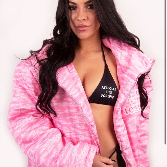 ASSHOLES LIVE FOREVER UNISEX PINK TIGER CAMO PUFFER JACKET ( L ) w stash tag - Picture 3 of 6